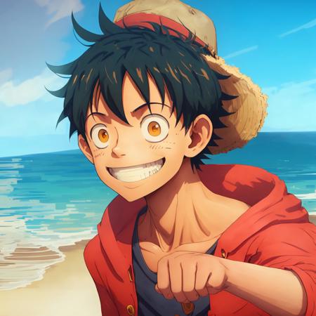 27479-2885276005-luffy, straw hat, 1boy, male focus, solo, hat, black hair, smile, looking at viewer, shirt, grin, scar, water, orange eyes, dirt.png